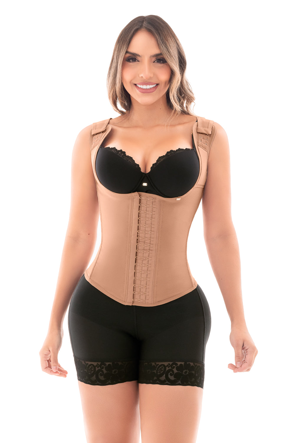 - Cinturilla tipo chaleco SMI2029 con espalda alta y broches
- Vista frontal con varillas moldeadoras y compresión abdominal
- Prenda reductora con 4 niveles de ajuste y diseño ergonómico