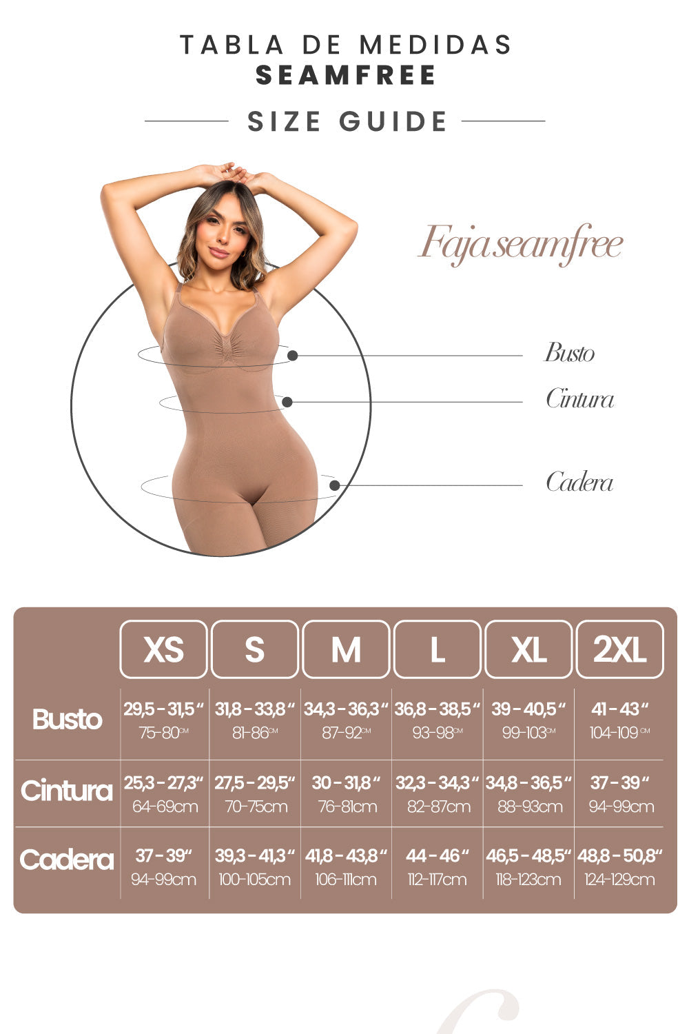- Faja SMI7155 DUQUESA con triple lifting y soporte lateral removible
- Vista lateral y posterior de la faja hasta la rodilla con tirantes ajustables
- Detalle del diseño sin costuras y panty incluido en la SMI7155