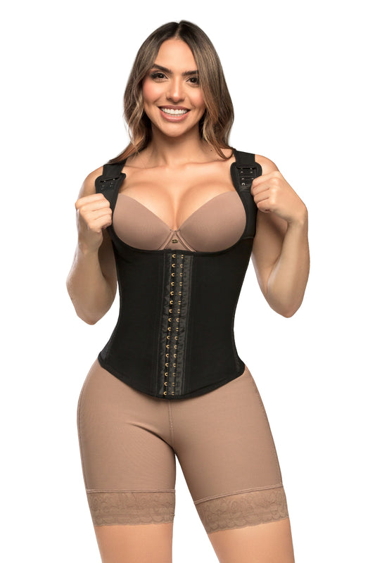 - Cinturilla tipo chaleco SMI2029 con espalda alta y broches
- Vista frontal con varillas moldeadoras y compresión abdominal
- Prenda reductora con 4 niveles de ajuste y diseño ergonómico